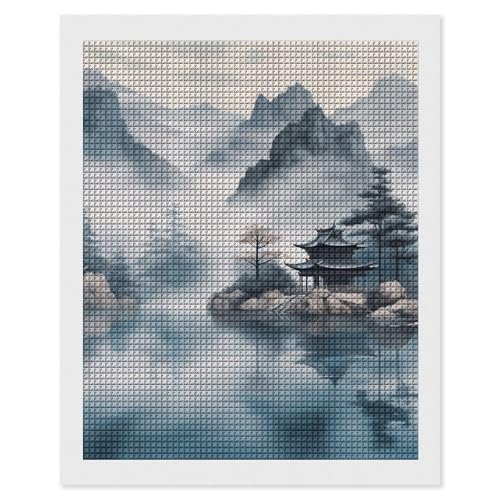 Peinture diamant paysage asiatique kit complet 40x50 cm avec strass carrés