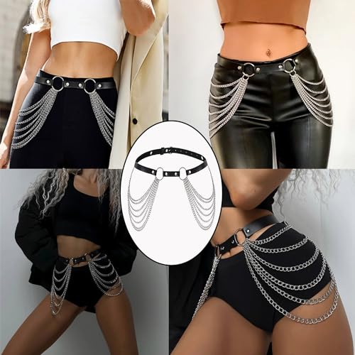 Damen Harness Leder Sexy Punk Taillenketten Damen Punk Leder Bein Harness Body Geschirre SM Einstellbare Mode Oberschenkel Ketten Strand Rave Party Nachtclub Taille Gürtel Körper Harness Kettengürtel