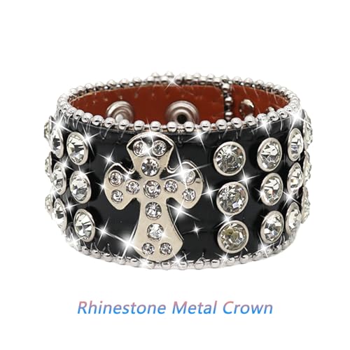 Rhinestone Bracelet LeatherCrown Rhinestone Bracelets For Men And Women, Leather Cuff Bracelet, Punk Bracelet, Studded Wristband, Fashion Bracelet, Adjustable Silver Leather Wristband Cuff Bracelet Punk Bracelet2