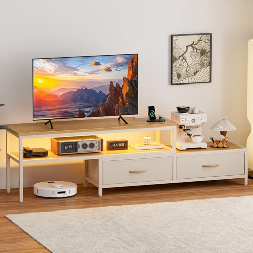 IKIFLY テレビ台 伸縮 テレビボード 収納チェスト ロータイプ 棚付き 引き出し ローボード ライト付き テレビラック ワイドチェスト 自由レイアウト 大容量収納 コーナータイプ 32/40/50型対応tv台 オープン収納 幅調整可能 角度調整 省スペース 北欧 おしゃれ 総耐荷重150kg(幅100-190×奥行30×高さ42cm,ベージュ)