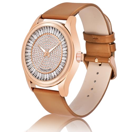 Image of Franklord Marriage Innovations Diamond Studded Series Analog Watch for Men | Round Rose Gold Dial | Premium Leather Strap | Quartz Movement | Stylish Wrist Watch for Men & Boys