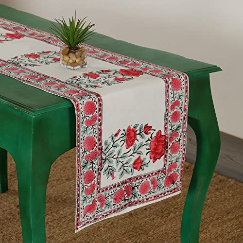 Image of Ravaiyaa - Attitude is Everything Hand Block Printed Cotton Table Runner | Floral Printed Table Runner for Home Decor, Kitchen | 60 x 16 Inch-(Red Lotus)