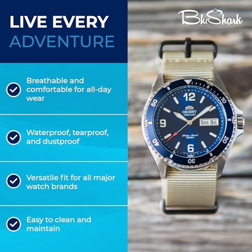Image of BluShark - Original Collection Military-Style Waterproof Watch Strap, Fits All Timepiece Brands, Durable Nylon Wristwatch Accessories with Stainless Steel Buckle - 18mm, 20mm, 22mm & 24mm Watch Bands