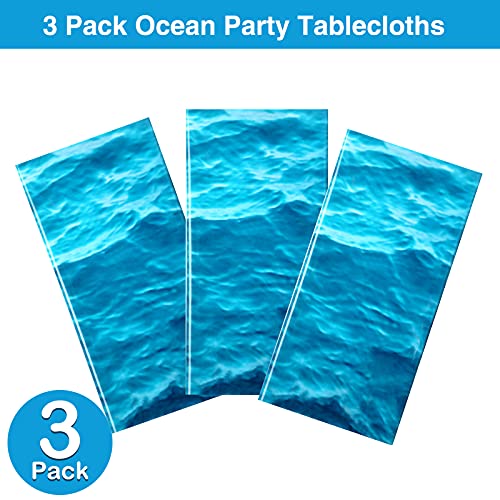Image of Irenare 3 Pieces Ocean Plastic Tablecloth 54 x 108 Inch Blue | Water Waves Print, Disposable Table Cover for Under the Sea Theme Decoration Beach Pool Party, Birthday Baby Shower Supplies