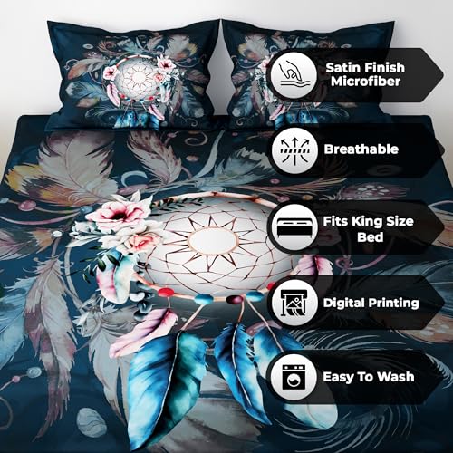 Image of Story@Home Bedsheet for King Size Bed Digital Printing 240TC Satin Finish with 2 Pillow Covers, (270 cm X 270 cm, Navy Blue & Pink), Dream Catcher Design | Double Bed Bedsheet