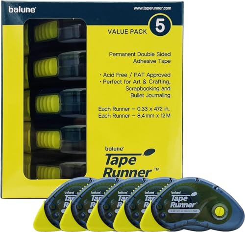 Tape Runner - Double Sided Adhesive with Dispenser Roller Included - Acid Free, Sticky, Clear &amp; Transparent - Ideal for Scrapbooking, Crafts &amp; More - Boomerang (417 inches per cartridge), 5 Cartridges