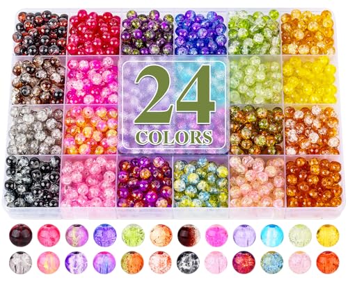 XSEINO 1200PCS 6mm Glass Beads Kit, 24 Assorted Crack Series Colorful Crystal Beads for Jewelry Making and DIY Crafts, Friendship Bracelets