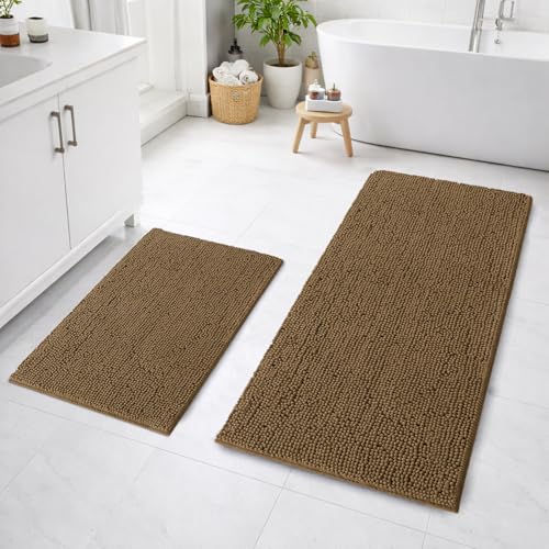 Image of LUXEHOME International Bath Mats for Bathroom Anti Slip Microfiber Chenille Super Absorbent Quick Dry Water Soak Floor Mat for Home Kitchen Door (45x75cm 60x120cm Chocolate) Pack of 2