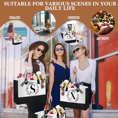 Aliceset Initial Gifts for Women Monogram Canvas Tote Reusable Bags Personalized Makeup Bag 16 oz Glass Straws Cups for Her(Letter S)4