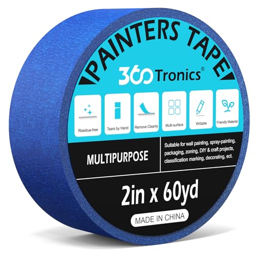 360Tronics Blue Painters Tape, 2 Inch x 60 Yards Multi-Surface Painters Choice Tape, Professional Residue Free Paint Tape Rolls for Protects Surfaces, Spray Paint, DIY Arts and Crafts Projects, 1-Pack