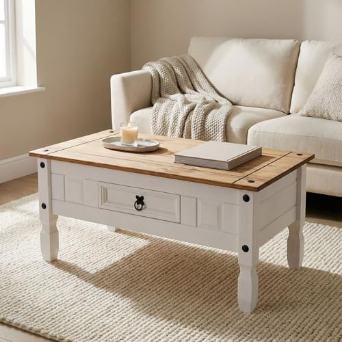IDIMEX Table Basse Campo Table d'appoint rectangulaire en pin Massif Blanc et Brun avec 1 tiroir, Meuble de Salon Style Mexicain en Bois dim 95 x 45 x 50 cm