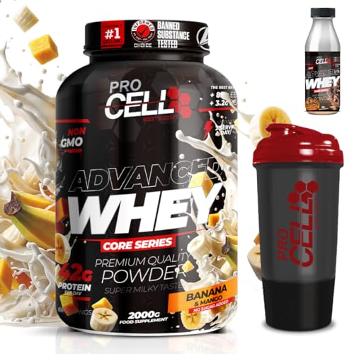 PACK Procell Proteinas Whey Advanced 2Kg (Banana Mango) + Batido Monodosis + Shaker 'REGALO' Proteina Whey concentrada Gana masa muscular proteina en polvo Batidos de Proteina