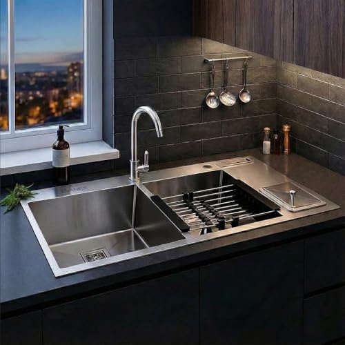 Image of EVANEX Kitchen Sink with Dustbin | 45x20x10 Inch Handmade Double Bowl Kitchen Sink | 304 Grade Stainless Steel Matt Finish Basin with Waste Pipe, Waste Couplings, Connector & Drain Basket