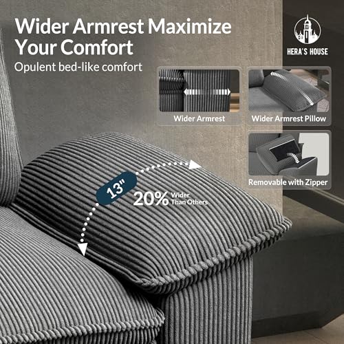 Image of HERA'S HOUSE 124 inch Oversized Modular Sectional L Shaped Sofa, Corduroy Grey | 4-Seater Living Room Couches, Wider Armrest and Deep Seat, Comfy Cloud Couch with Ottoman, Wood Sturdy Frame