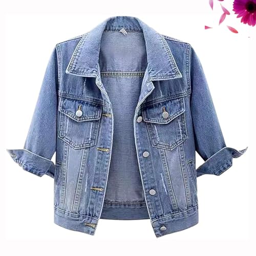 3/4 Sleeve Short Denim Jacket Plus Size,Jeans Jackets for Women 2024, Lapel Button Down Casual Jean Jackets