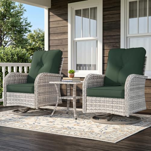 Image of 3-Piece Small Patio Furniture Set, Outdoor Swivel Rocking Chairs Set with Wicker Chairs and Tempered Glass Side Table, Outdoor Furniture Patio Bistro Set for Balcony, Deck, Porch