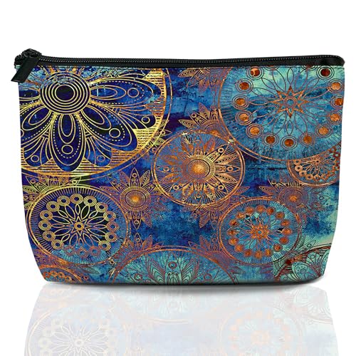 Makeup Bag Blue Gold Mandala Cosmetic Bags for Women Mini Portable Boho Flower Travel Toiletry Bag Organizer Make up Brushes Aesthetic Accessories Waterproof Storage Bags