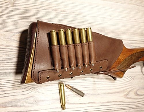 vsdfvsdfv New Brown ButtStock Cover Rifle Ammo Holder Cheek Rest Padded - Real Leather (Dark Brown Right Handed, 410 and 7.62)