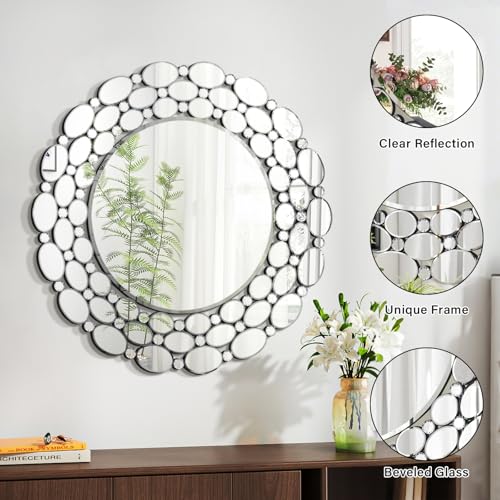 Image of 32 inch Large Round Wall Mirrors, Modern Silver Mirror for Wall Decor, Elegant Decorative Mirror for Entryway, Living Room, Bedroom, Bathroom, Dining Room