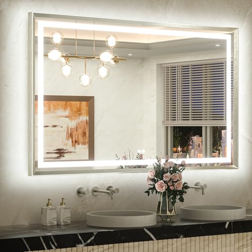 TETOTE 55 x 36 Bathroom LED Mirror Brushed Bright Nickel Metal Frame Frontlit & Backlit Vanity Mirror Stepless Dimmable Anti-Fog 3 Colors White/Warm/Natural Light up Vanity Mirror Wall-Mounted
