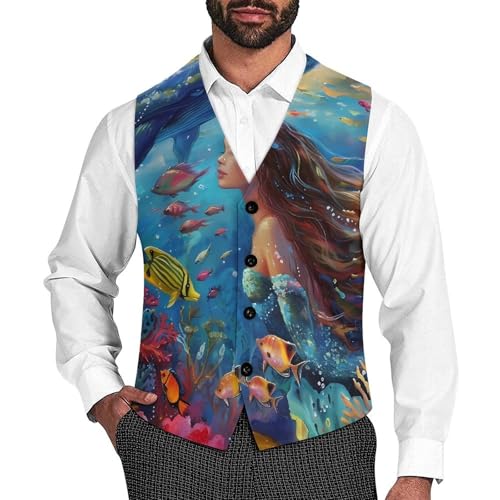 Lady Mermaid Dolphin Whale Ocean Men's Suit Vest Waistcoat Vests Formal Dress with 2 Pockets for Business Casual Tuxedo
