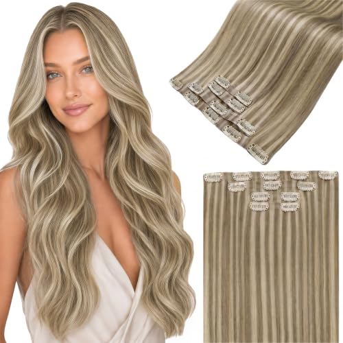 Image of LaaVoo Seamless Clip in Hair Extensions Human Hair 22inch | Golden Blonde Mix Bleach Blonde, Long Hair for Quick Volum, 100g 4pcs, Invisible