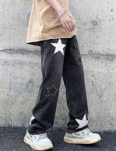 Men's Y2K Jeans Hip Hop Baggy Denim Pants Vintage Graphic Star Jeans Loose Fit Straight Trousers3