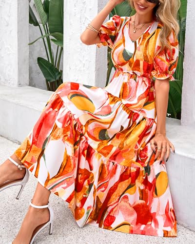Image of Okiwam Womens Summer Dresses 2026 Spring Casual Floral Short Sleeve Ruffle Flowy Midi Dress Boho Beach Vacation Sundress