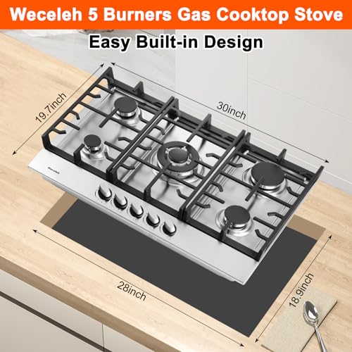 Gas Cooktop Stove 30 Inch Built-in Gas Stove Top with 5 Burners 35900 BTU,LPG/NG Dual Fuel,Auto Ignition,Thermocouple Protection,Stainless Steel,Heavy Duty Cast Iron Grates for Kitchen