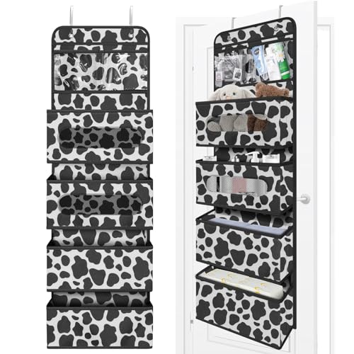 Image of NEWFOM Over the Door Organizer with 2 Small PVC and 4 Large Pockets Behind the Door Storage Organizer for Nursery Closet Cabinet Baby Storage Diapers Cosmetics, Cow Pattern