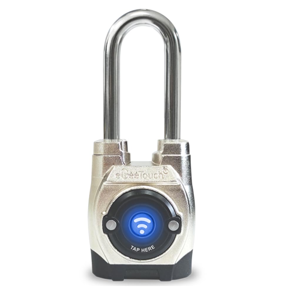 eGeeTouch 5th GEN Outdoor Smart Padlock – (Single, Long Shackle) Keyless Bluetooth & NFC Lock, Weatherproof Security for Gates, Sheds, and Bikes - Convenient App Control & Reliable Durability