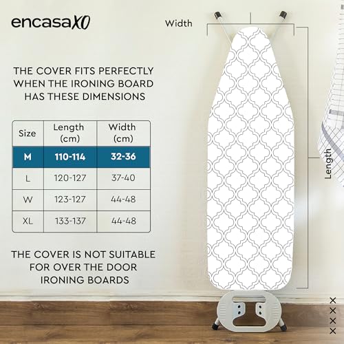 Image of Encasa XO Homes Ironing Board Cover With 3Mm Thick Felt Pad For Steam Press(Fits Standard Medium Boards Of 112X34 Cm)Heat Reflective,Scorch&Stain Resistant,Printed-White Tiles