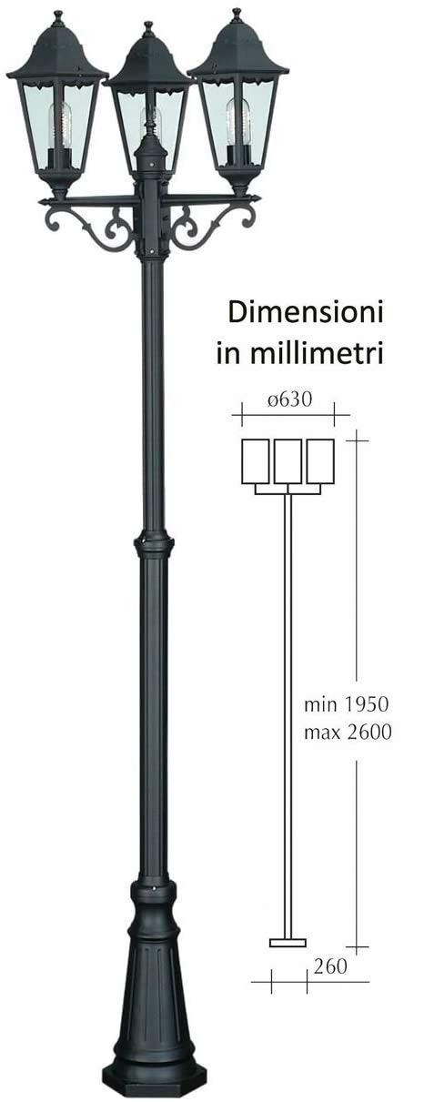Palo con 3 lanterne a forma esagonale - colore NERO - altezza Max 260cm. regolabile, IDEALE per Giardino, Sale ricevimenti, Hotel, Villa, Parco residenziale, ecc ecc