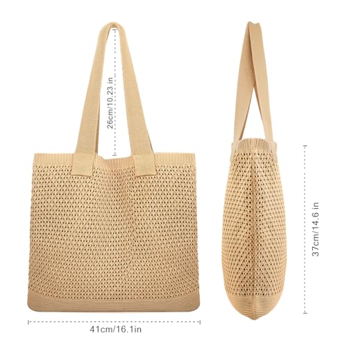 Image of COOKOOKY Lined Crochet Tote Beach Shoulder Bag Women Casual Work Shopping | Lined crochet tote with soft structure, perfect for beach, work, shopping. Roomy & lightweight for daily use.