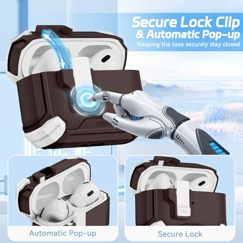 for AirPods Pro 2 Secure Lock Case with Phone Stand, Compatible with MagSafe, Case Cover for Apple AirPods Pro 2nd/1st Generation with Cleaner and Keychain, Auto-Open (Brown) - image 3
