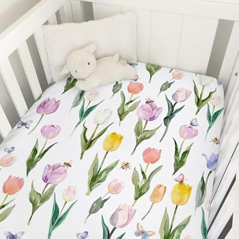 Watercolor Tulips Bees Butterflies Baby Crib Mattress Sheet 52''x28'' Boho Spring Floral Stretchy Fitted Crib Mattress Sheet for Boy Girl Wild Flower Soft Bed Sheet for Standard Crib Toddler Mattress Cover