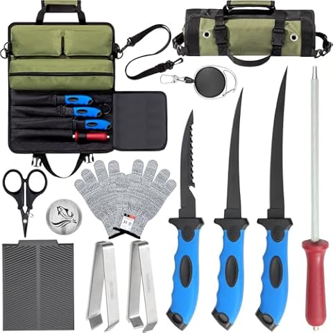 GPUSFAK 10 Pieces Fillet Knife Set, Stainless Bait Knife with Sharpening Rod and Sheath, Professional Filleting Boning Knife for Meat Blue Cover