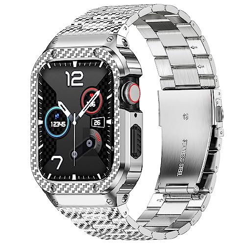 Image of MioHHR Stainless Steel Band and Case Compatible with Apple Watch 38 /40 /41mm | Men Metal Protective Bumper Cover with Straps for iWatch Series 9 8 7 6 5 4 3 2 1, SE3, SE2, SE, Silver Pattern