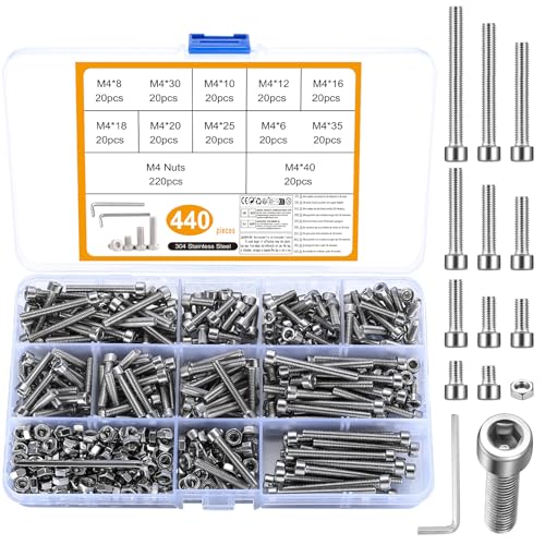 440 Stück M4 Schraubensatz, Edelstahl Sechskantschrauben mit Muttern und Unterlegscheiben, Schrauben Muttern und Unterlegscheiben Sortiment, Sechskantschrauben-Satz mit 2 Stück Schraubenschlüsseln