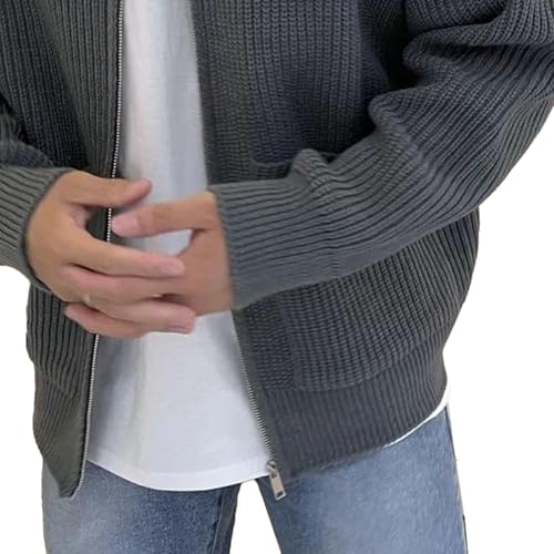 Men's Knit Full Zip Up Casual Sweater Solid Regular Fall Winter Sweaters Loose Fit Cardigan Classic Sweater (Grey,X-Large)2