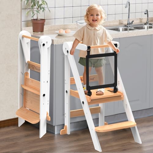 Image of Foldable Toddler Tower, Toddler Kitchen Stool Helper with Safety Net, Wooden Kitchen Step Stool for Toddlers with Adjustable Height, Standing Tower for Learning and Cooking(White)