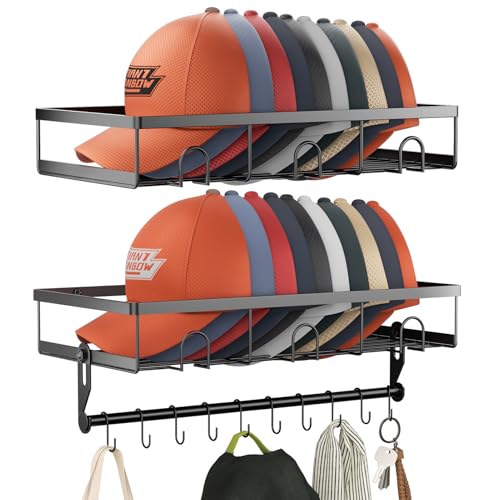 Restorgan Metall Rack für Wand, jeder Hut Veranstalter für Baseballmützen Fit 20 Caps Halter mit 10 Hut Kleiderbügel, 2 Pack Wand montiert Hut Lagerung Halter Display, schwarz