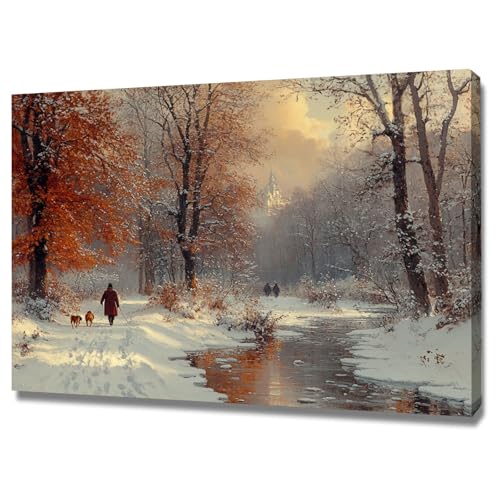 NEKAOEU(ネカオウ) クリスマス 壁アート絵画 レトロな森の風景 かわいいクリスマス冬のポスターワーク、ホリデーデコレーション、プレミアムギャラリーラップキャンバス 写真パネル(オレンジ)-60x90cm 額入り