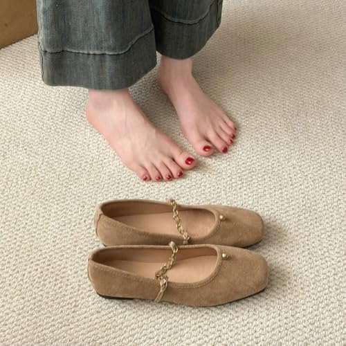 Ballet Flats for Women Comfortable Suede Flats Square Toe Mary Jane Flats with Chain Strap Casual Dressy Flat Shoes 20252