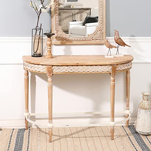 half moon console table - LuxenHome Natural Wood Half Moon Console Table， Entry Table with Carving Decorative Pattern, Farmhouse Antique Sofa Table Suitable for Entance Hall Living Room Bedroom, 44 Inch, Washed-White