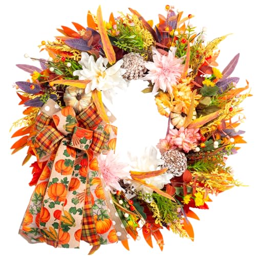 24" Fall Wreaths for Front Door Outside, Autumn Thanksgiving Harvest Wreath with Pumpkins Dahlias Pinecones & Bow Farmhouse Decoration for Porch Wall Indoor