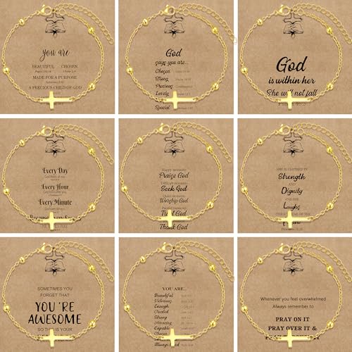 BROCC 9PCS Chain Cross Bracelet for Women 18K Gold Plated Cross Chain Charm Bracelets Adjustable Simple Link Chain Bracelets Faith Jewelry