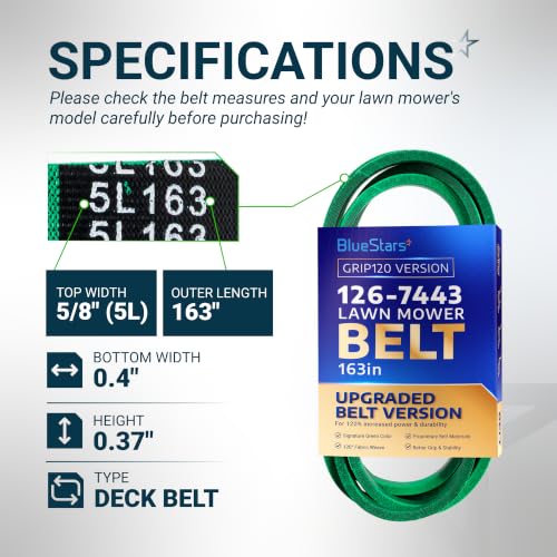 Image of [Upgraded Grip120] BlueStars 126-7443 Deck Belt | Aramid Cord | 5 /8 inch X 163 inch | Deck Belt for 52 Inch Deck Exmark Radius E S X Series RZE724GKC52300 RZE708GEM52300 Mowers - Replaces 126-7443-SL