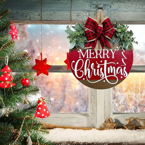 Image of Merry Christmas Wreath Hanging Sign for Front Door, Wooden Welcome Wreaths Sign with Bow for Holiday Rustic Farmhouse Outdoor Wall Window Decor (Merry Christmas)