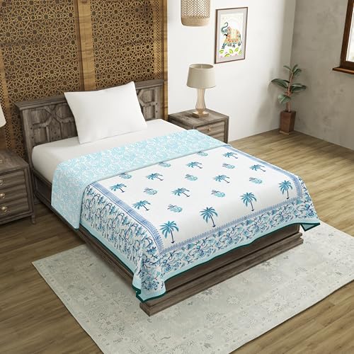 Image of BLOCKS OF INDIA Hand Block Printed Cotton Single Size Reversible Malmal Dohar for Summer (Turq Tree Lily)
